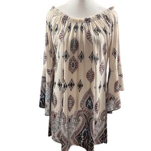 Lildy Womens Boho Paisley Medallion Tie Bell Sleeve Tunic Top Cream L XL